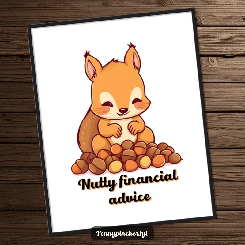 Funny poster featuring a squirrel character meticulously counting a small pile of acorns, with a determined and focused expression.