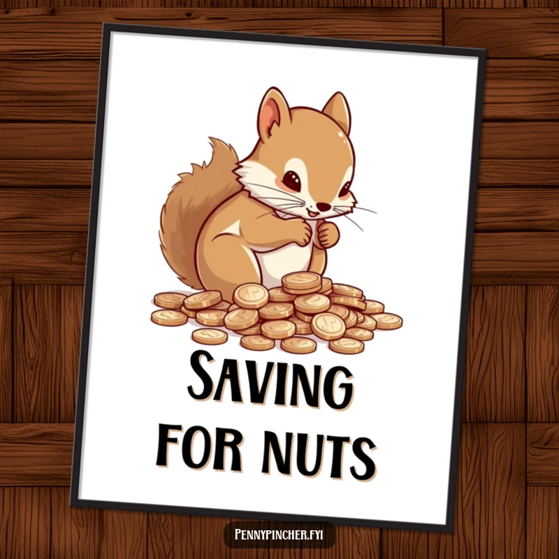 Funny Poster featuring a determined squirrel intently counting a pile of shiny pennies.