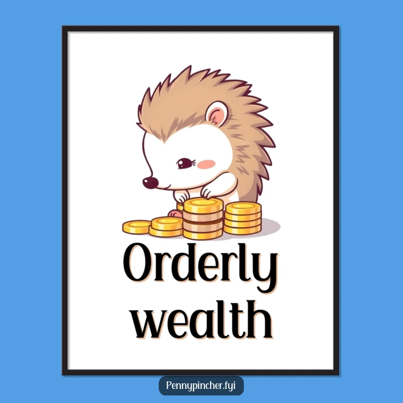 Funny Thrifty Hedgehog Poster: Meticulous Coin Art Wall Decor Gift