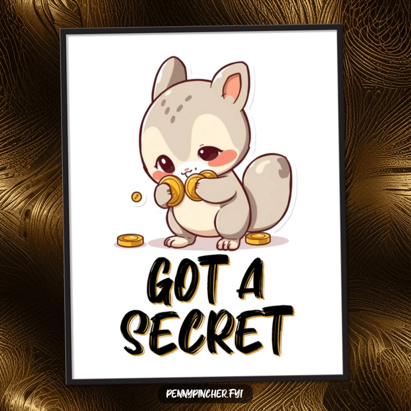 Funny Poster featuring a comical animal character with a sly expression, actively hiding a pile of coins behind its back, adding humor.