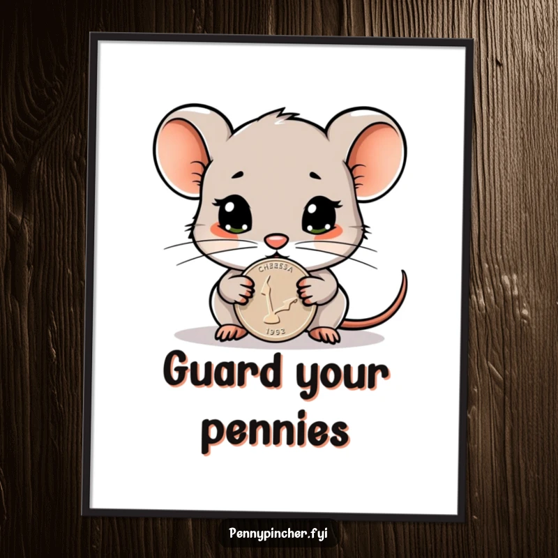 Funny poster artwork of a cautious mouse character protectively guarding a single, gleaming penny, symbolizing value and humor.