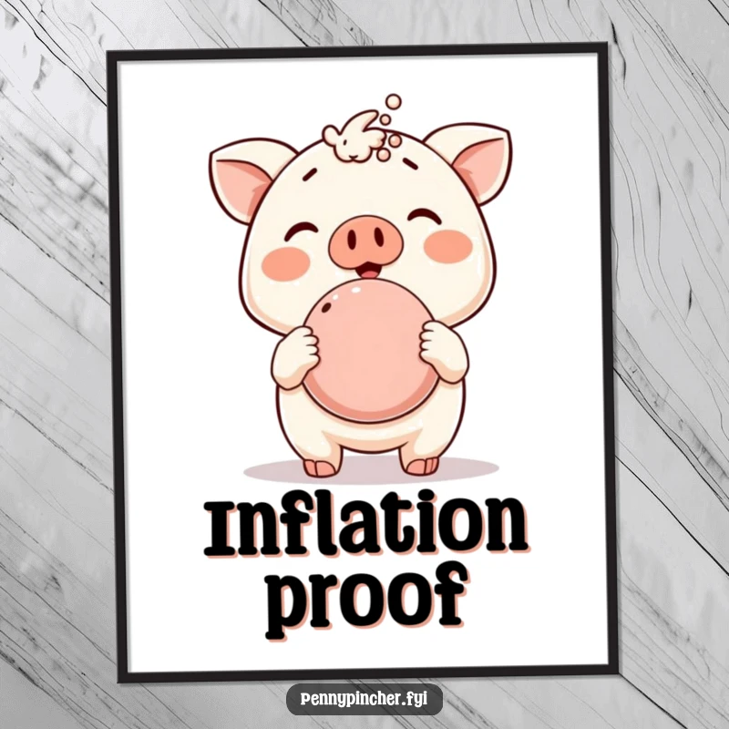 Funny poster, animal character proudly showing off an overflowing piggy bank, a humorous illustration of financial abundance for wall art.
