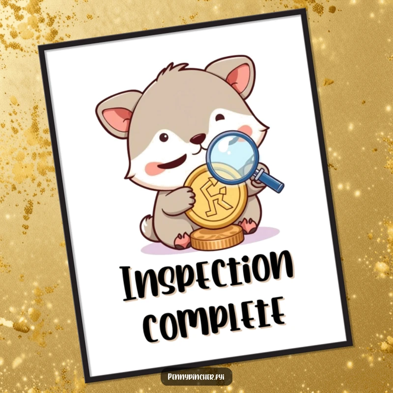 Funny poster, animal character squinting through a magnifying glass at a coin, a humorous illustration of detailed examination for wall art.