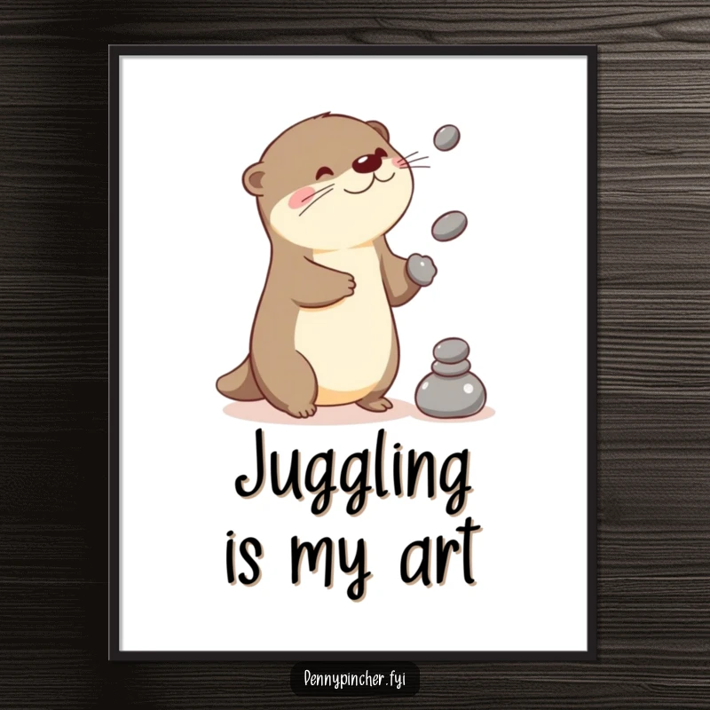 Funny otter poster featuring a playful Kawaii character juggling three small stones, radiating skillful amusement.