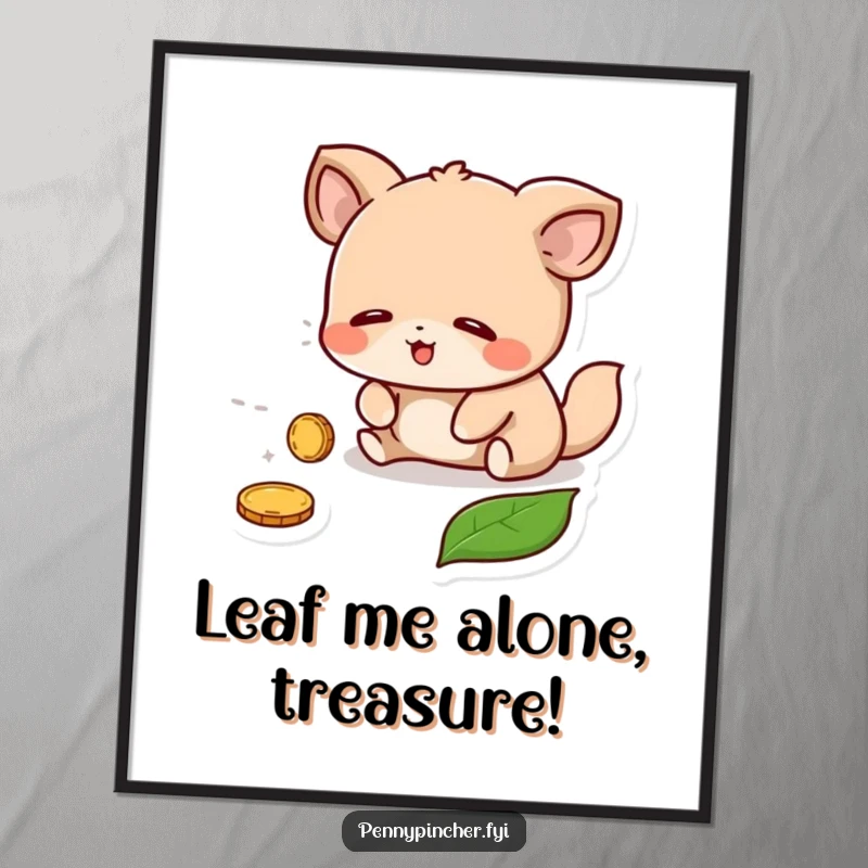 Funny Poster: A cartoon animal exuding relief and happiness after uncovering a shiny coin under a fallen leaf.
