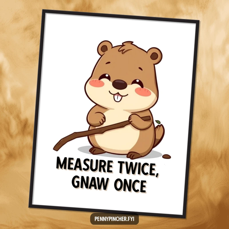 Funny poster illustration of a smiling beaver character carefully measuring a small twig, like a blueprint for its next construction project.