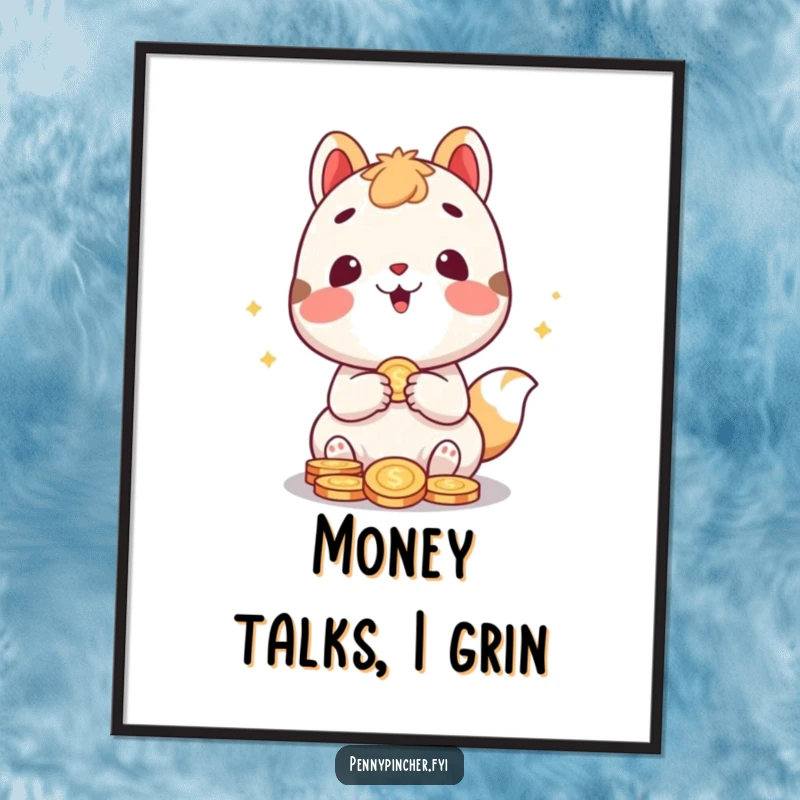 Funny poster print of a cute animal character gleefully counting a pile of coins, a humorous and money-themed piece of wall art.