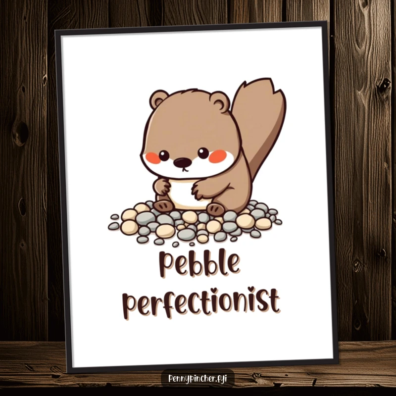 Funny Kawaii beaver poster depicting a character meticulously organizing tiny pebbles, perfect for adding a humorous and tidy touch to decor.
