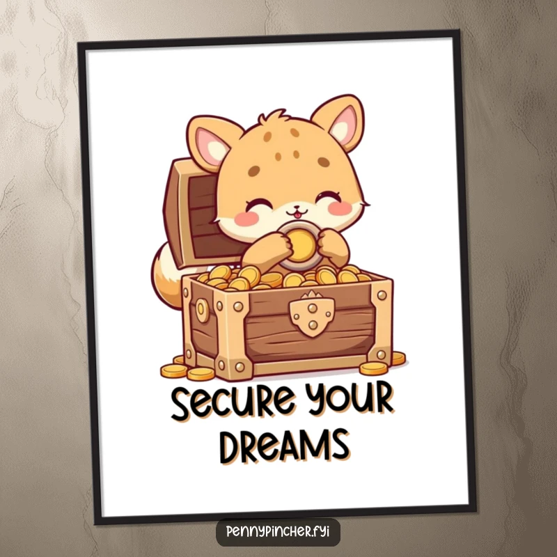 Funny animal character poster showing a creature carefully locking a treasure chest full of coins, perfect humorous wall decor for enthusiasts.