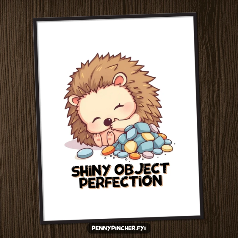 Funny poster of a contented hedgehog character curled up beside a small pile of shiny objects, adding cozy art.