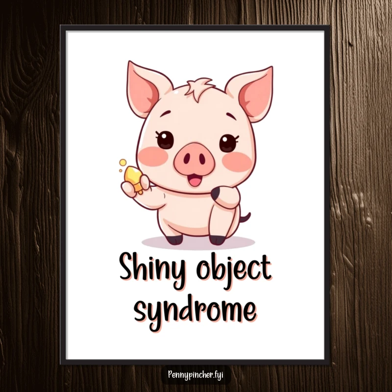 Funny piglet poster featuring a happy Kawaii character excitedly displaying a small, shiny object, radiating pure delight.