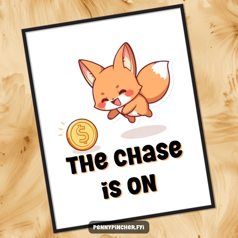Funny poster of a playful fox character with a wide grin, chasing a rolling coin, adding dynamic art.