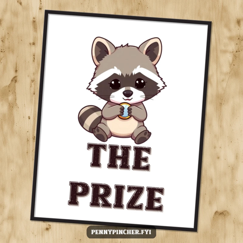 Funny raccoon poster, a mischievous character intently studying a shiny button, humorous wall art for any room.