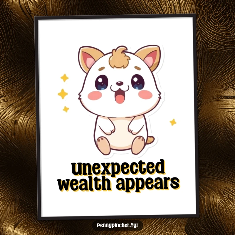 Funny surprised animal poster, expressing amazement over a found coin, a humorous and eye-catching wall art piece.