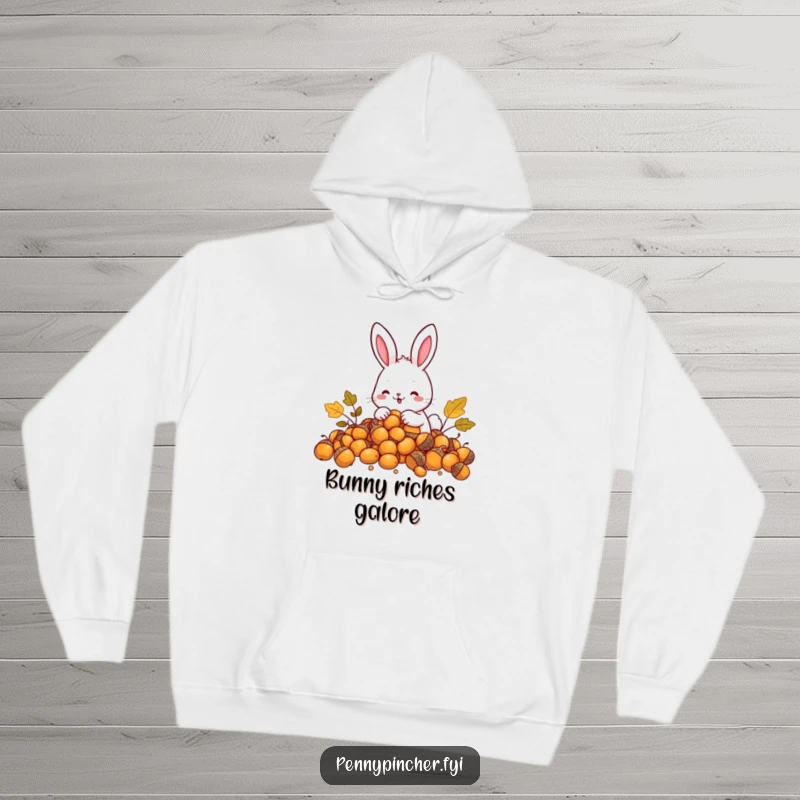 Funny Rabbit Hoodie: Depicts a happy rabbit character counting a treasure trove of golden acorns.