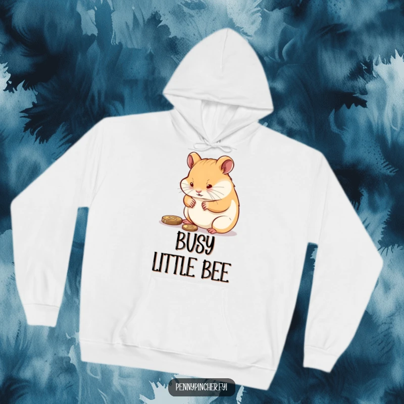Funny determined hamster polishing a shiny penny, a cozy and humorous hoodie for the diligent.