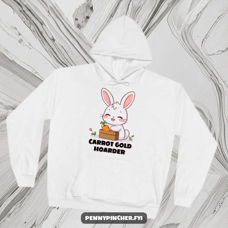 Funny hoodie featuring a giggling rabbit character guarding a tiny treasure chest containing a carrot, embodying playful secrecy and warmth.