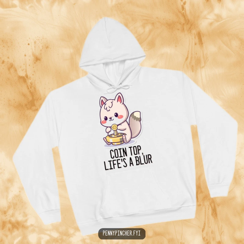 Funny spinning animal hoodie, intently playing with a coin as a spinning top, a cozy and humorous apparel item.
