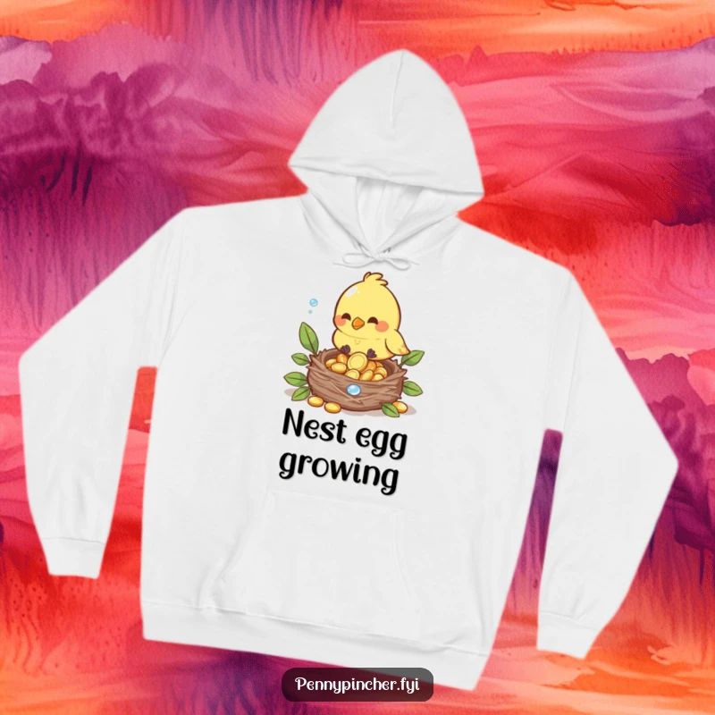 Funny hoodie with a bird meticulously placing dewdrop coins into its nest, cozy and whimsical design.