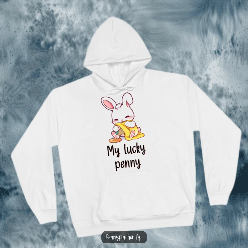 Funny hoodie depicting a dedicated rabbit character polishing a shiny penny, cozy and humorous.
