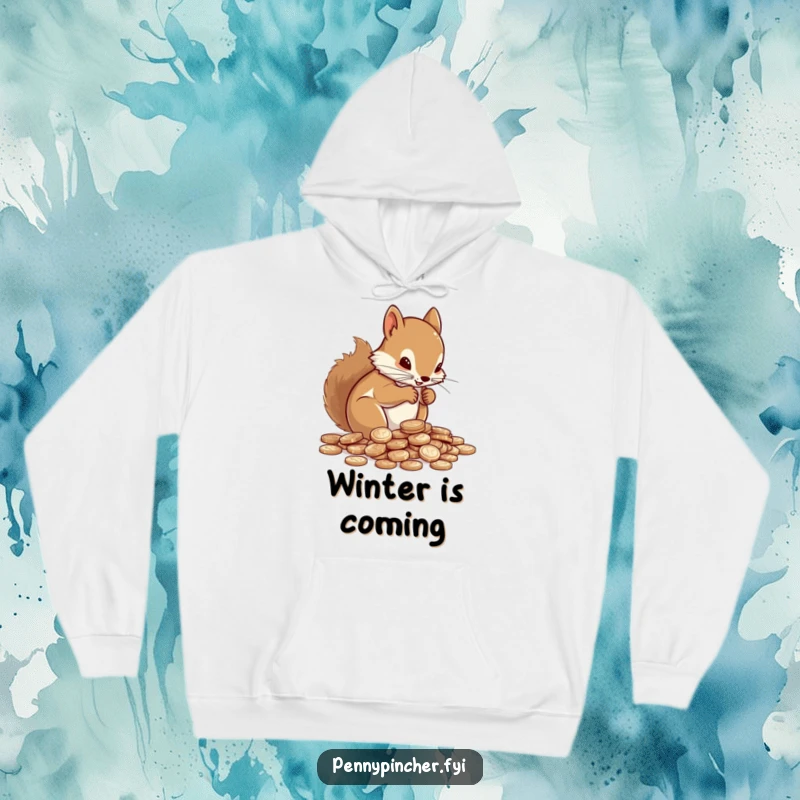 Funny Hoodie showing a determined squirrel engrossed in meticulously counting a pile of shiny pennies.