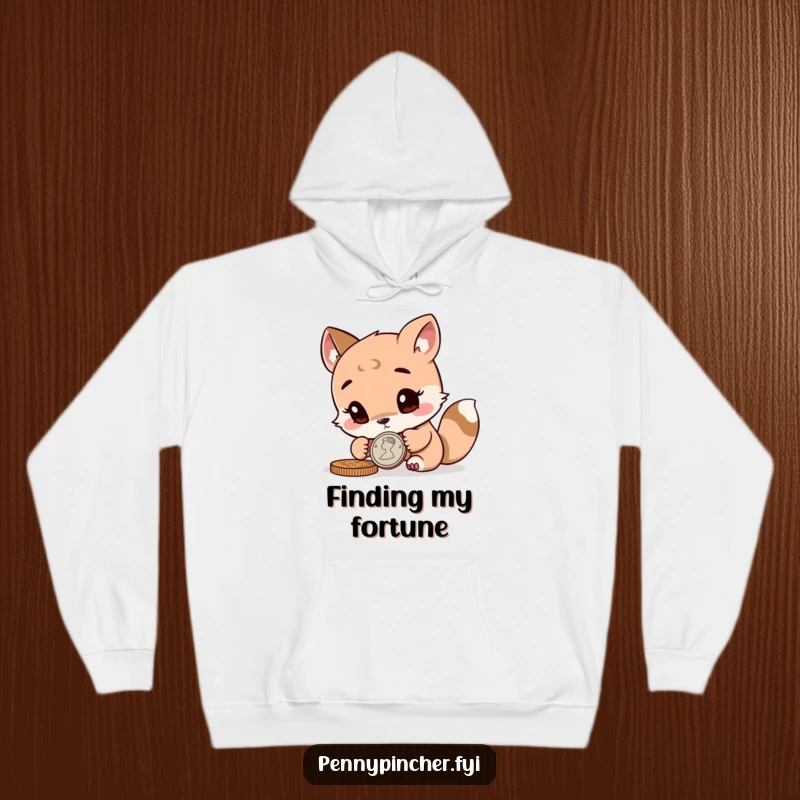 Funny curious animal character inspecting a coin closely, depicted on a soft and warm hoodie for thoughtful wear.
