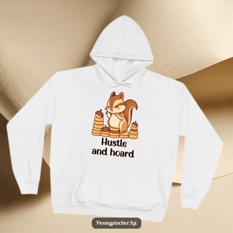 Funny chipmunk character hoodie, diligently stacking coin-shaped acorns, offering cozy warmth and a humorous nod to saving.