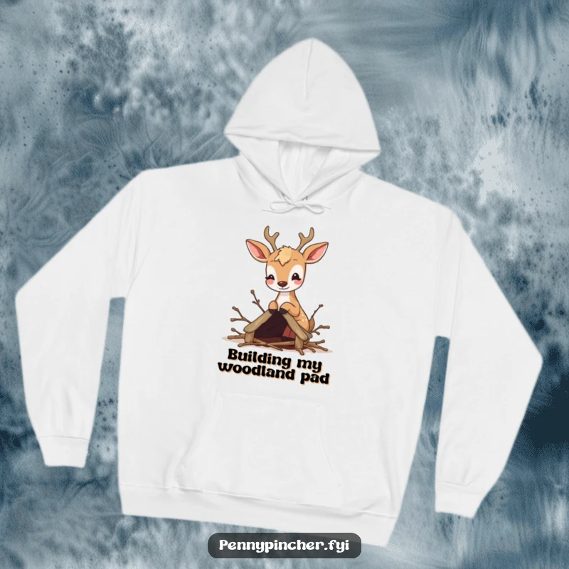 Funny hoodie depicting a bouncy deer carefully constructing a tiny shelter from twigs, showcasing forest creature craftsmanship.