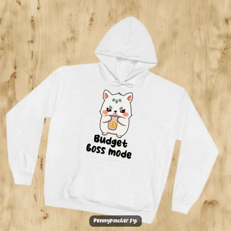 Funny hoodie, cute animal character with a stern look, clutching a coin purse, symbolizing financial control and humor.