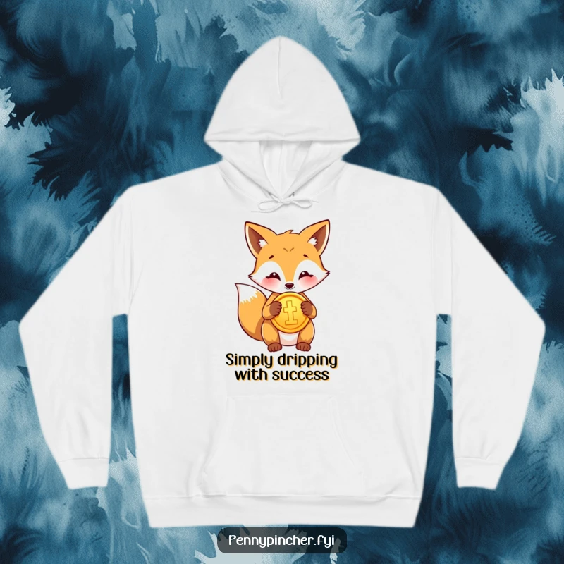 Funny hoodie showing a proud fox character carefully polishing a bright gold coin, exuding a sense of prosperity.