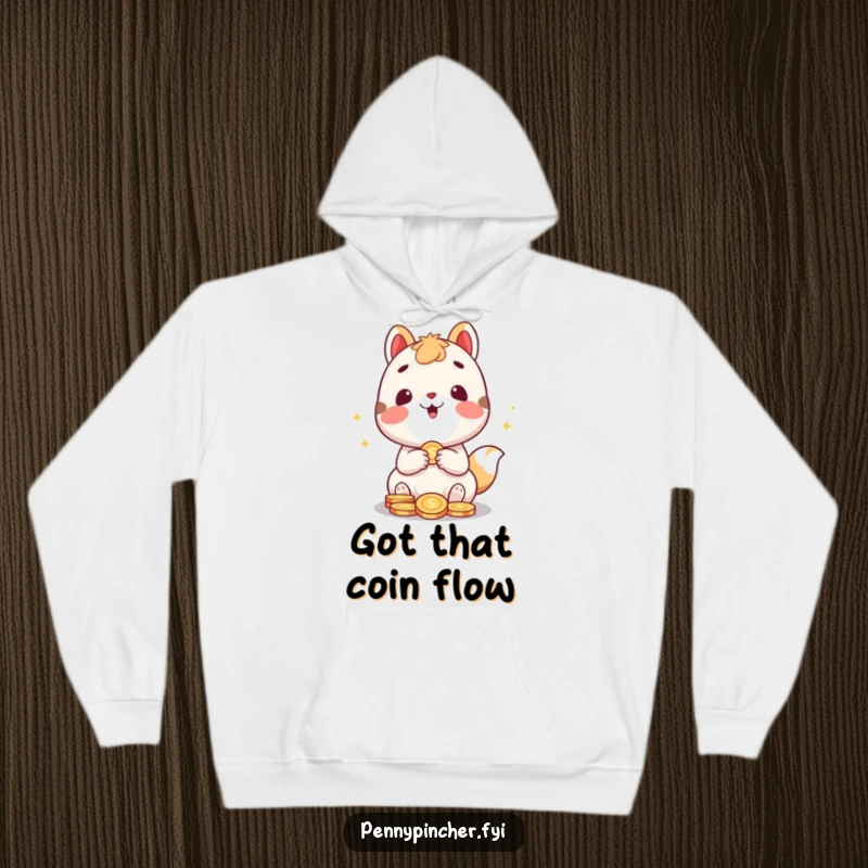 Funny hoodie showing a cute animal character gleefully counting a pile of coins, a comfortable and humorous gift for the financially savvy.