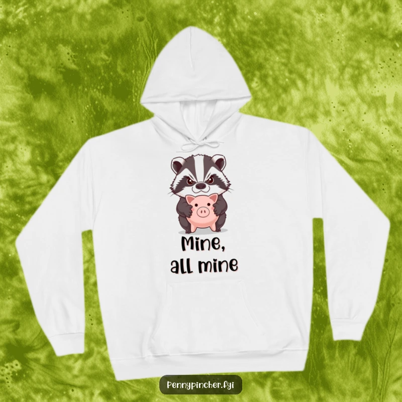 Funny hoodie depicting a grumpy badger character with crossed arms, sternly guarding a tiny piggy bank.