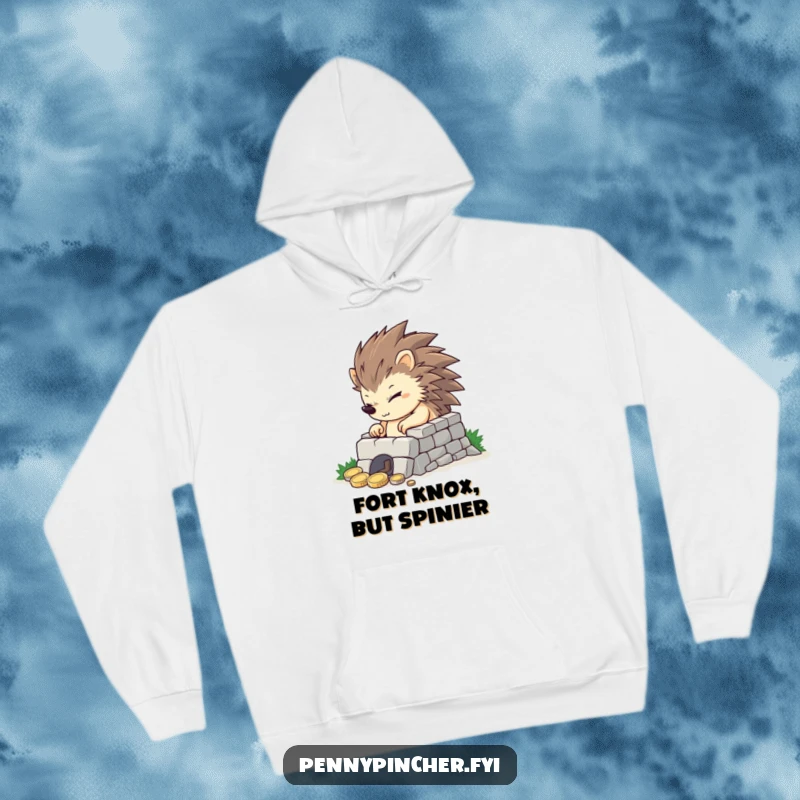 Funny determined hedgehog building a small coin fortress, a symbol of financial strength and humor on this hoodie.
