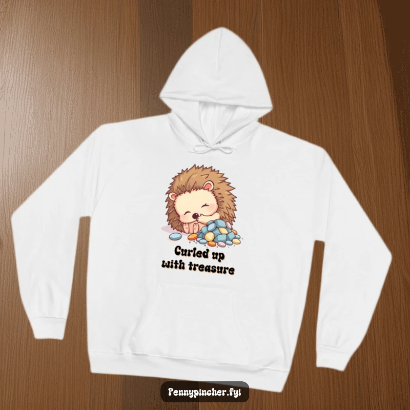 Funny hoodie featuring a contented hedgehog character curled up beside a small pile of shiny objects, perfect for cozy moments.