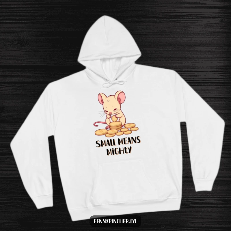 Funny hoodie showcasing a tiny mouse character carefully counting a single coin, emphasizing diligent saving.