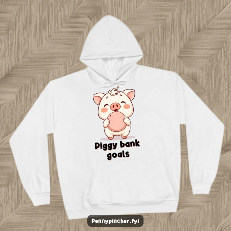 Funny hoodie, cute animal character proudly presenting an overflowing piggy bank, symbolizing prosperity and financial well-being with humor.