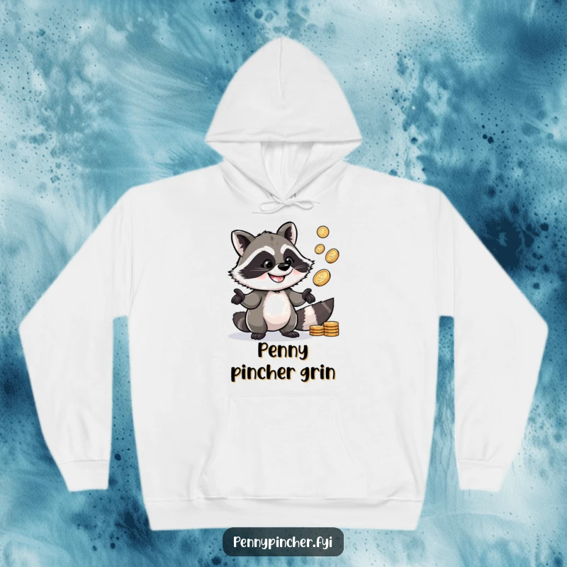 Funny Raccoon Hoodie: Depicts a clever raccoon character with a wide grin, juggling shiny pennies.