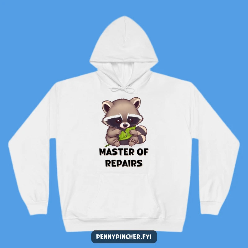 Funny Raccoon Mending Hoodie: Cozy hoodie with a raccoon fixing a leaf, a funny gift.