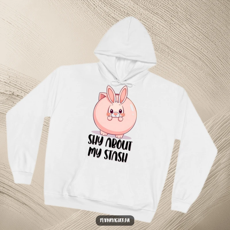 Funny shy rabbit peeking from behind a giant piggy bank, symbolizing quiet saving and humor on this hoodie.