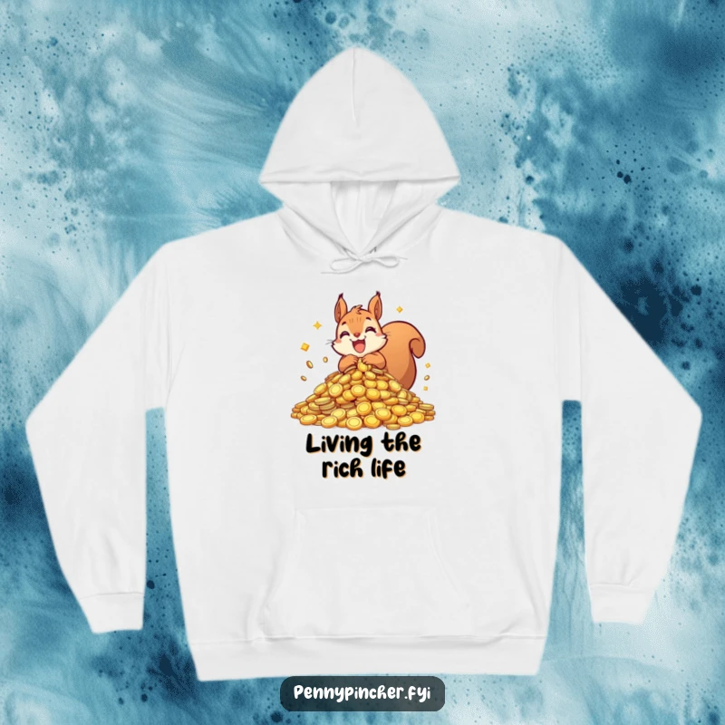 Funny squirrel hoodie featuring a jubilant squirrel surrounded by a mountain of shiny coins, offering warmth and a symbol of prosperity.