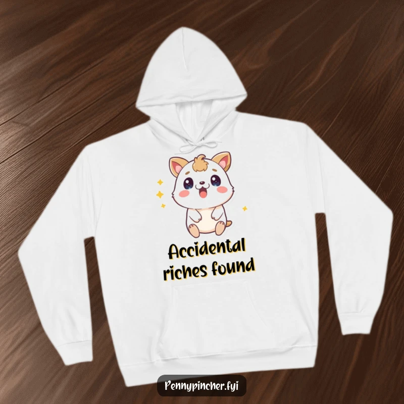 Funny surprised animal hoodie, looking shocked and delighted discovering a coin in its paw, a cozy and humorous apparel.