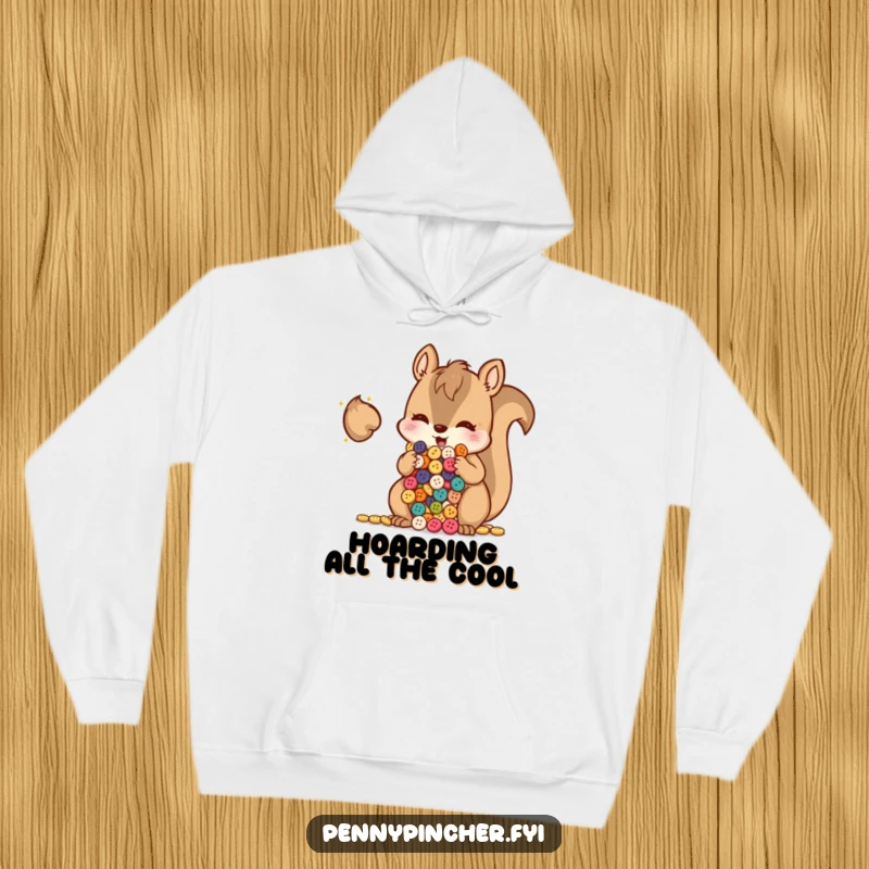 Funny squirrel with cheeks stuffed full of shiny buttons, a cozy and humorous hoodie for collectors.