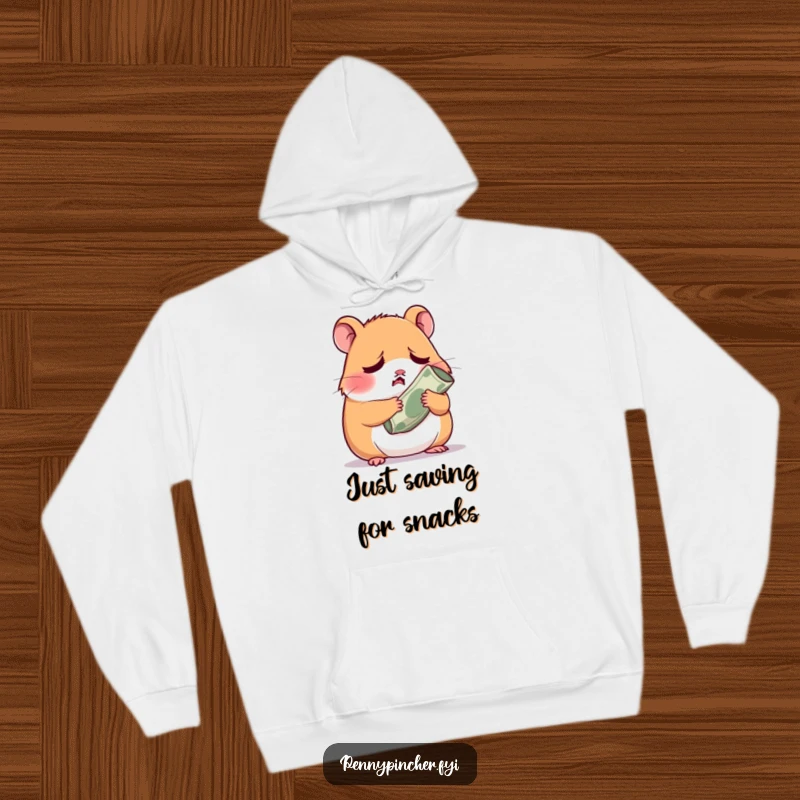 Funny worried hamster character with a tiny rolled-up bill, conveying financial stress and humor on this comfy hoodie.