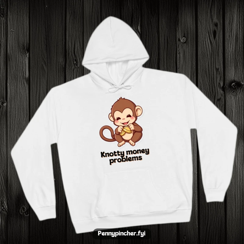 Funny Hoodie showcasing a comical monkey character struggling to tie a knot in a coin, embodying cleverness.
