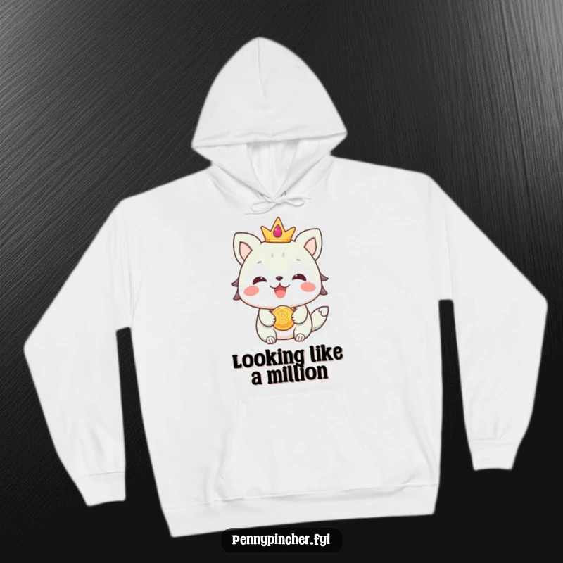 Funny beaming animal character wearing a coin as glamorous jewelry, depicted on a soft and warm hoodie.
