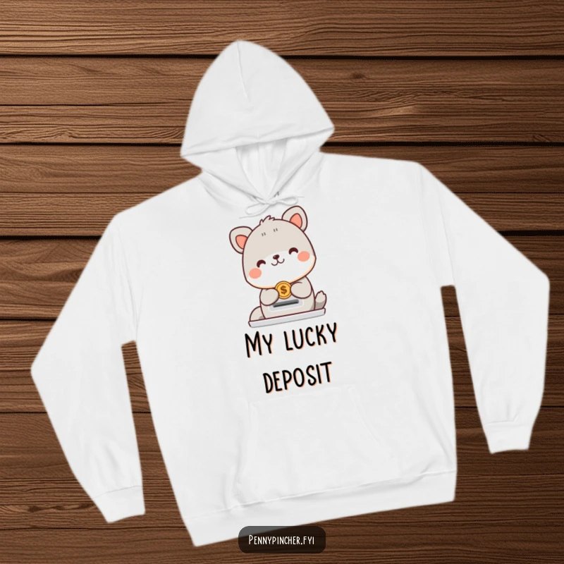 Funny animal character hoodie depicting a cheerful creature happily placing a coin into a slot, perfect for cozy and uplifting wear.