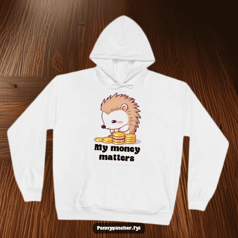Funny hoodie illustration of a thrifty hedgehog meticulously lining up a stack of gleaming coins, symbolizing careful financial management.