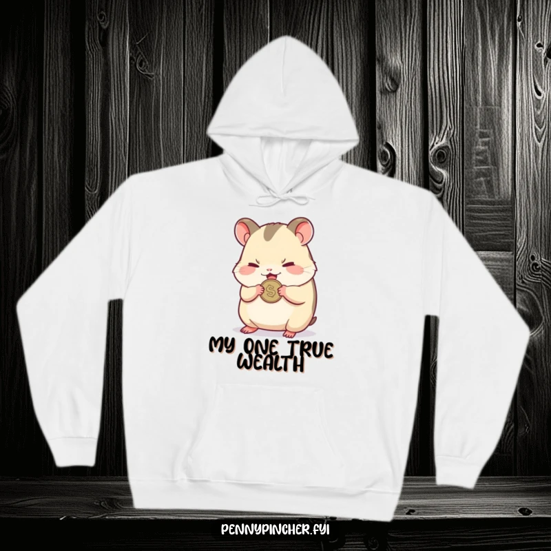 Funny hoodie depicting a small hamster character nervously clutching a single shiny coin, looking ever so anxious.
