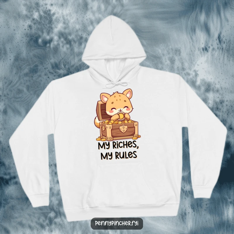 Funny animal character hoodie depicting a creature carefully locking a treasure chest full of coins, perfect for cozy and secure wear.