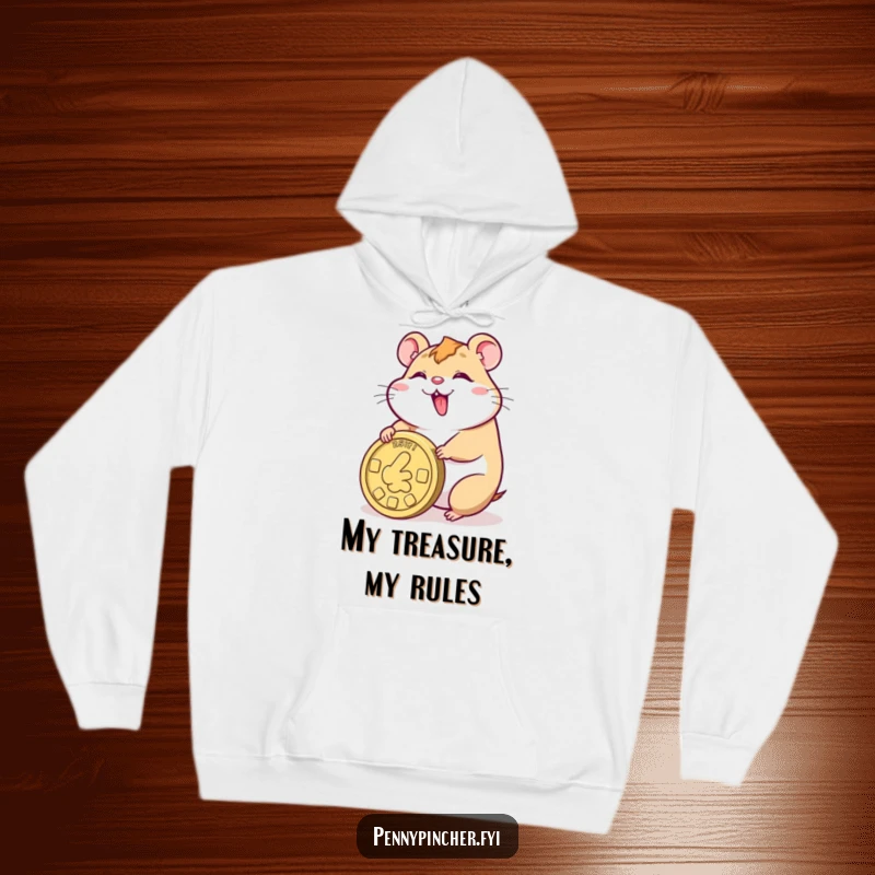 Funny hoodie featuring a smiling hamster character joyfully rolling a giant coin, perfect for chilly days and big dreams.